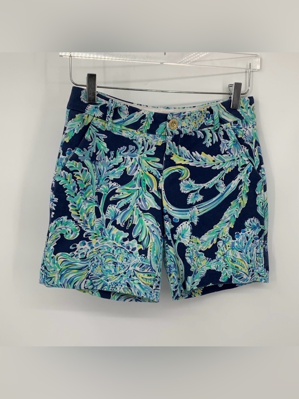 Lilly Pulitzer Jayne knit shorts high tide navy blue coral flat front stretch 0